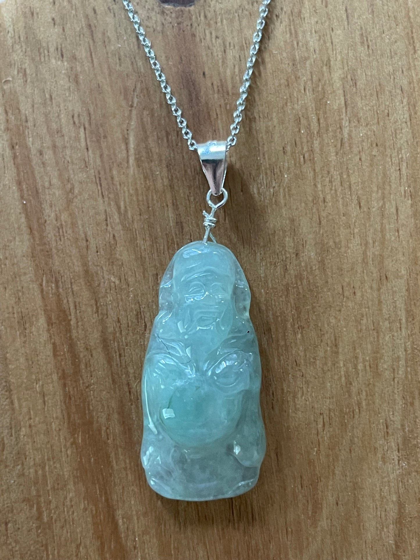 Natural icy green God of Wealth Sterling Silver Necklace