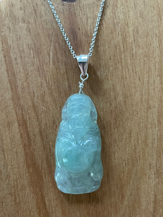 Natural icy green God of Wealth Sterling Silver Necklace