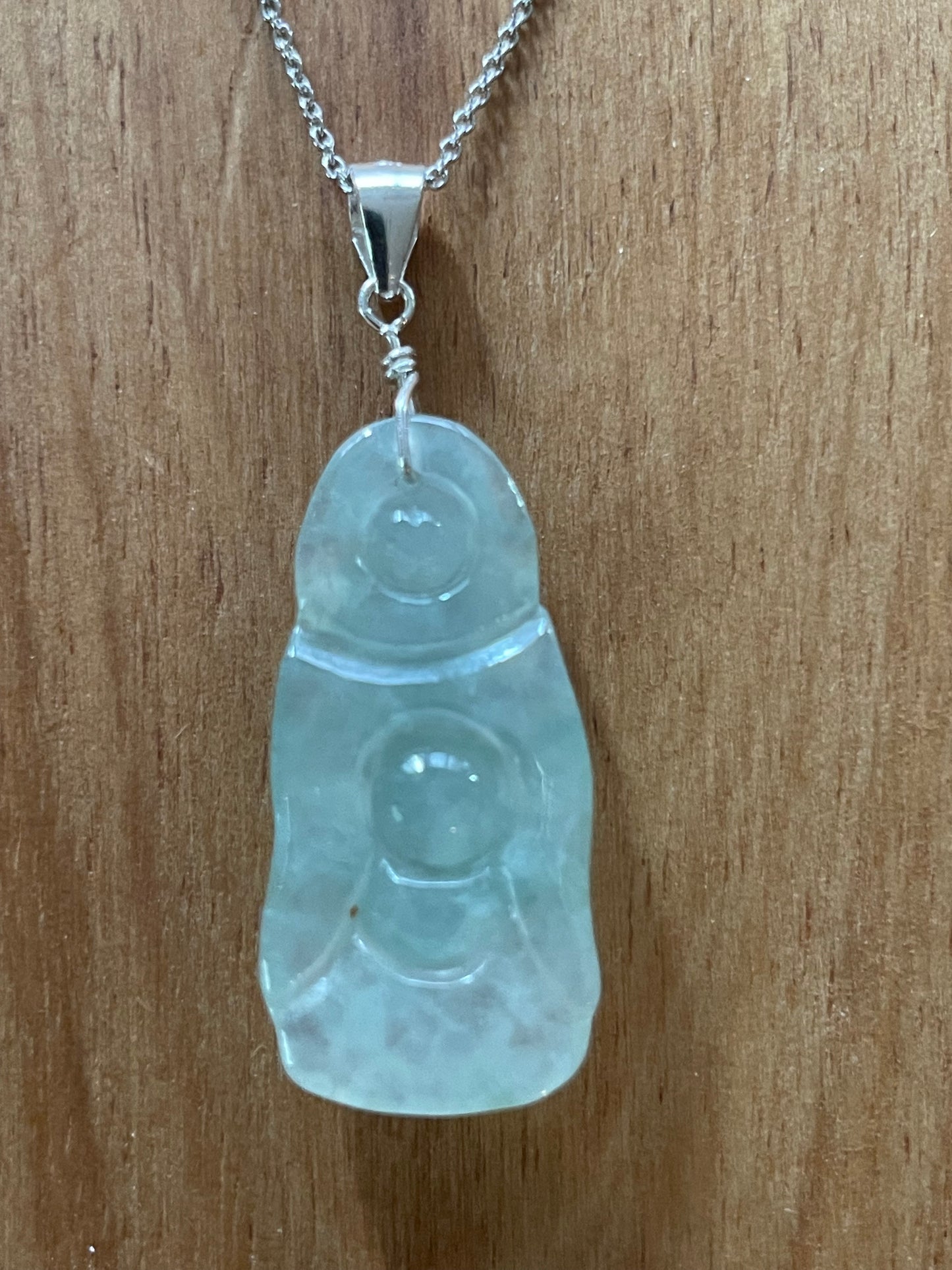 Natural icy green God of Wealth Sterling Silver Necklace