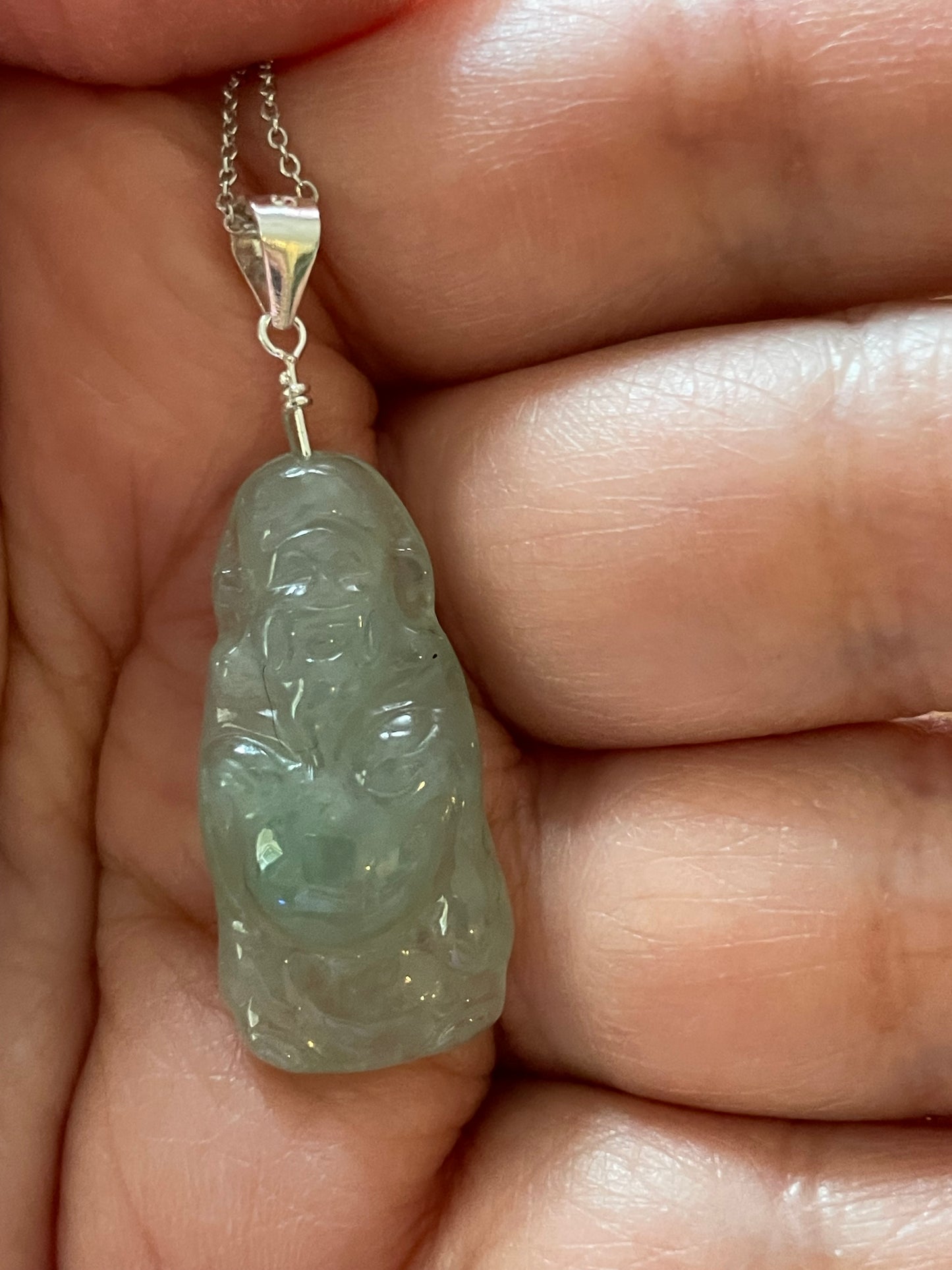 Natural icy green God of Wealth Sterling Silver Necklace