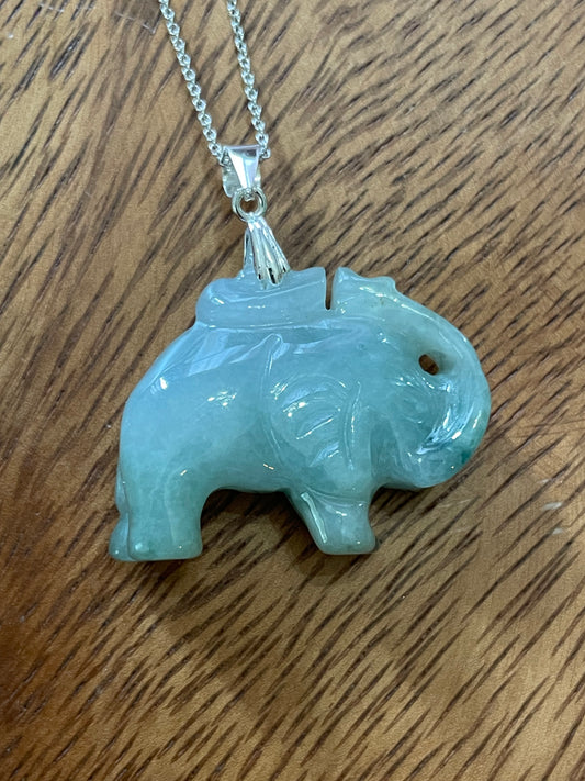 Natural Grade A Green Elephant Sterling Silver Necklace