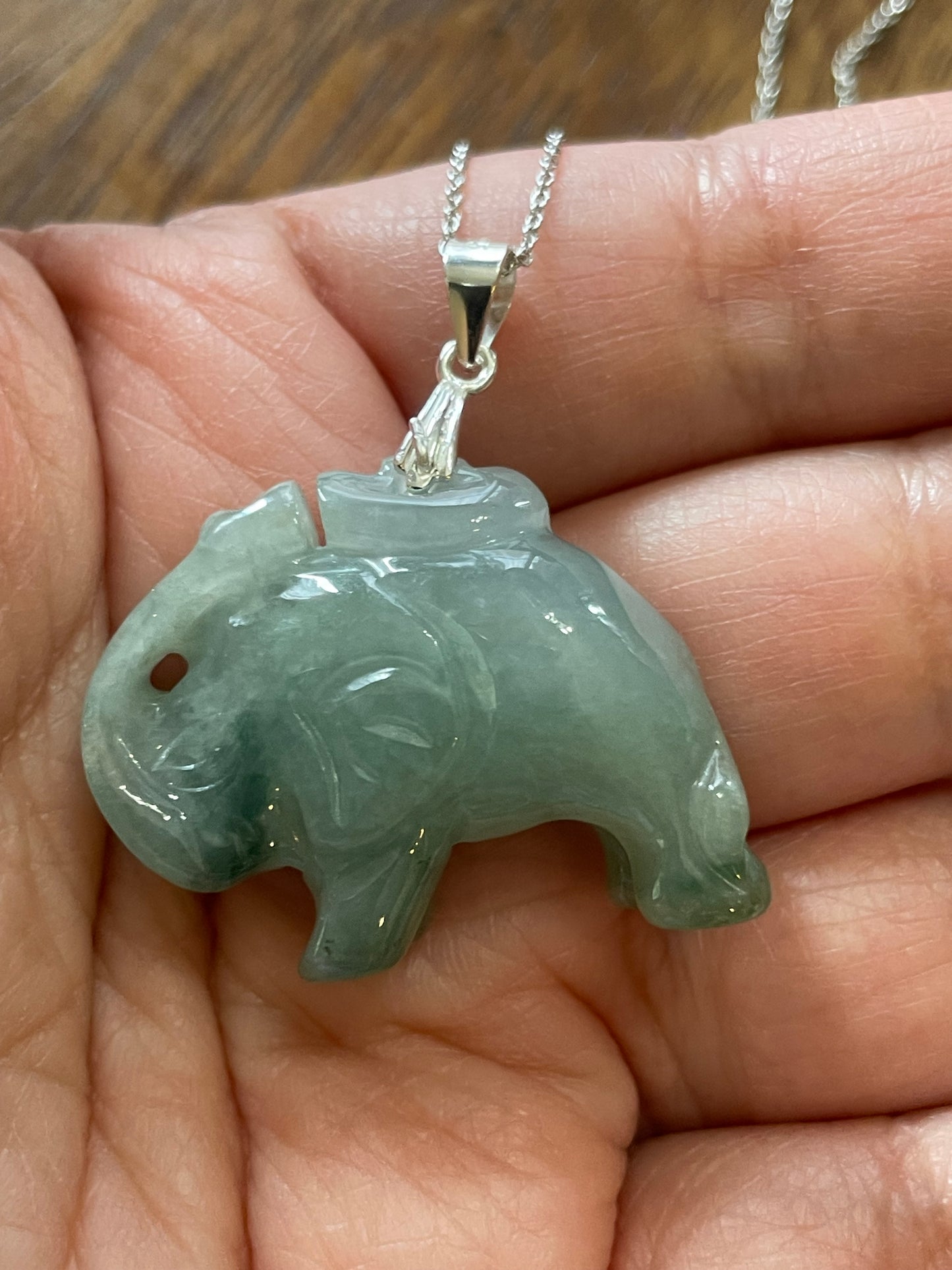 Natural Grade A Green Elephant Sterling Silver Necklace