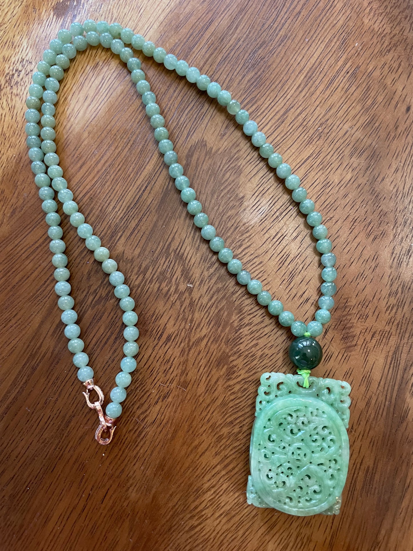 Natural Icy Green Burma Jadeite rectangle charm with green beads necklace