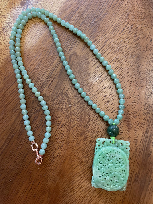 Natural Icy Green Burma Jadeite rectangle charm with green beads necklace
