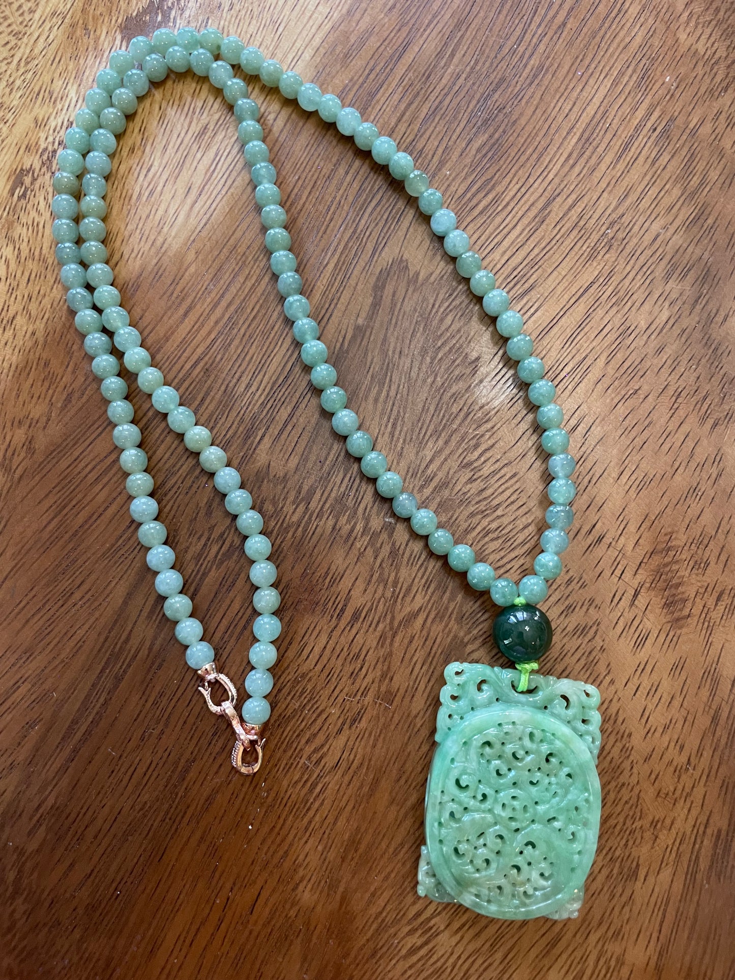 Natural Icy Green Burma Jadeite rectangle charm with green beads necklace