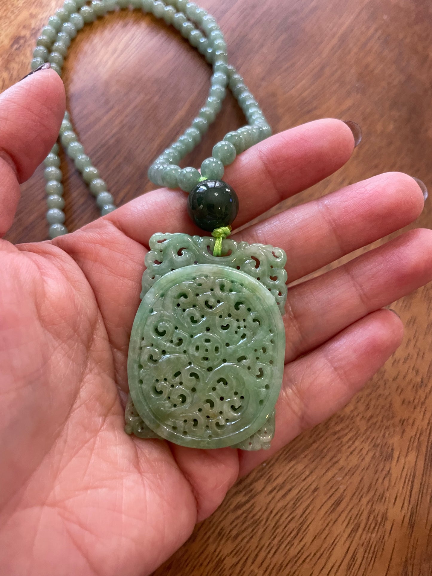 Natural Icy Green Burma Jadeite rectangle charm with green beads necklace