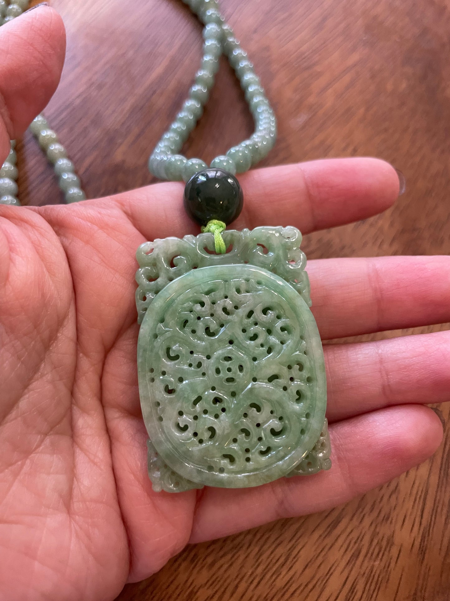 Natural Icy Green Burma Jadeite rectangle charm with green beads necklace