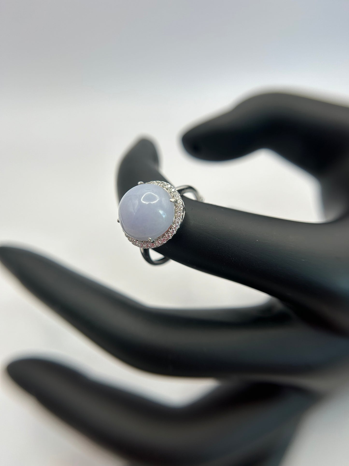 Natural grade A Burmese Lavender Jadeite cabochon with Cubic Zirconia Silver Ring