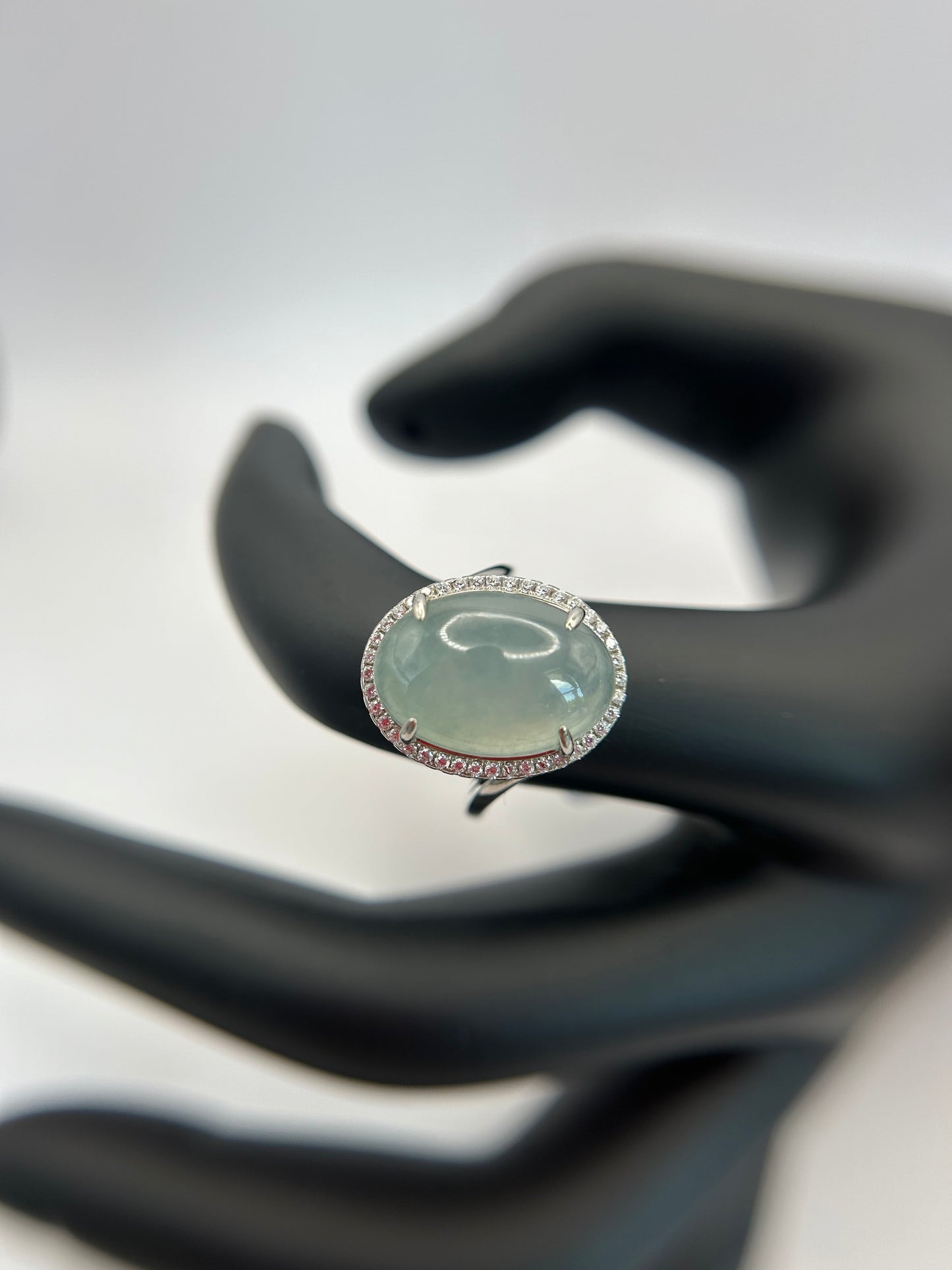 Natural grade A Burmese Icy Green Jadeite cabochon with Cubic Zirconia Silver Ring