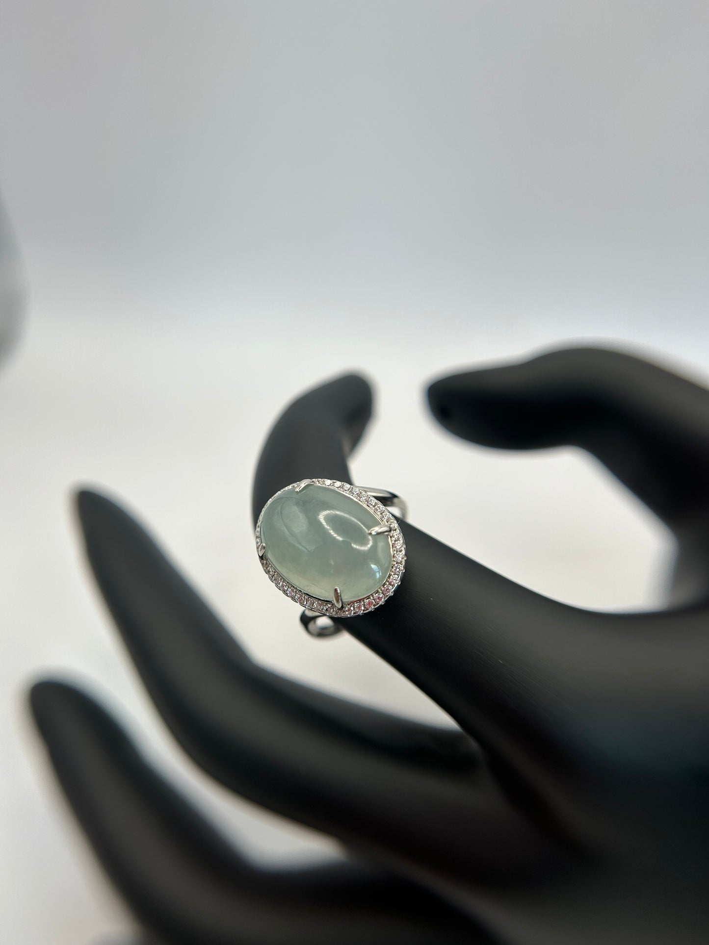 Natural grade A Burmese Icy Green Jadeite cabochon with Cubic Zirconia Silver Ring