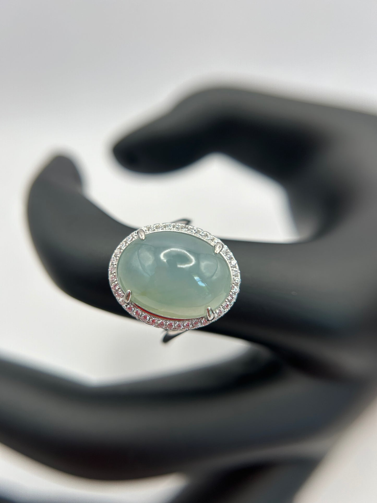 Natural grade A Burmese Icy Green Jadeite cabochon with Cubic Zirconia Silver Ring