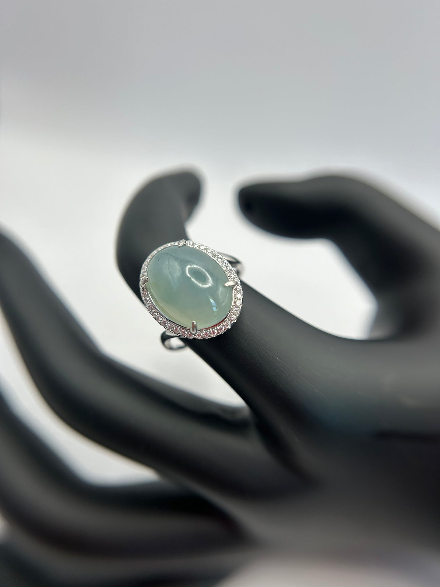 Natural grade A Burmese Icy Green Jadeite cabochon with Cubic Zirconia Silver Ring