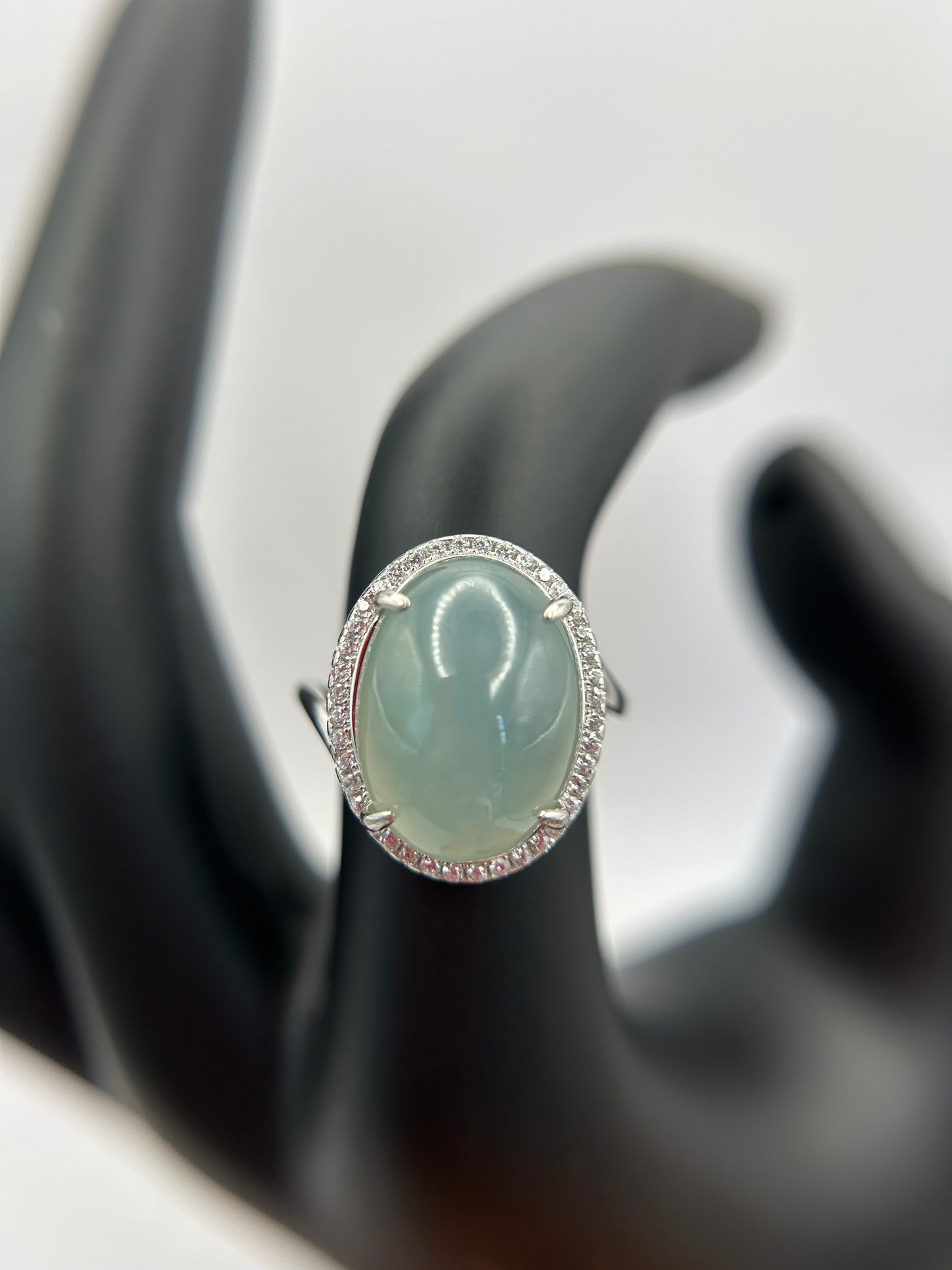 Natural grade A Burmese Icy Green Jadeite cabochon with Cubic Zirconia Silver Ring