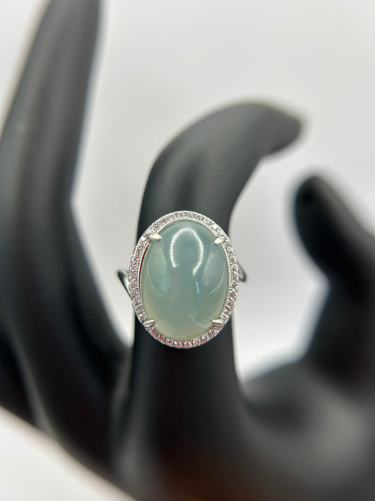 Natural grade A Burmese Icy Green Jadeite cabochon with Cubic Zirconia Silver Ring