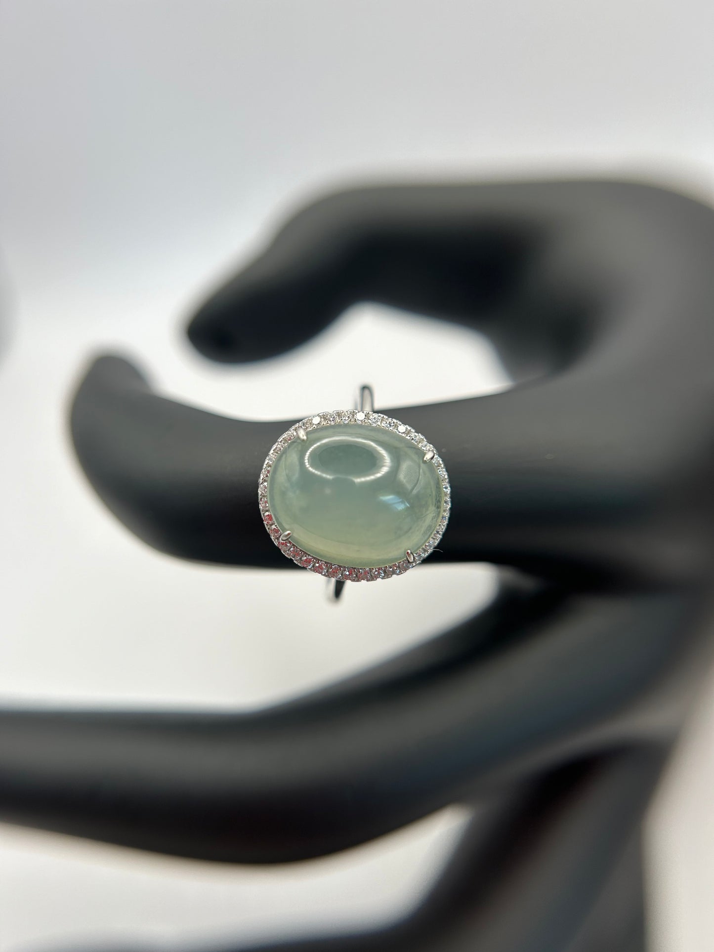 Natural grade A Burmese Icy Green Jadeite cabochon with Cubic Zirconia Silver Ring