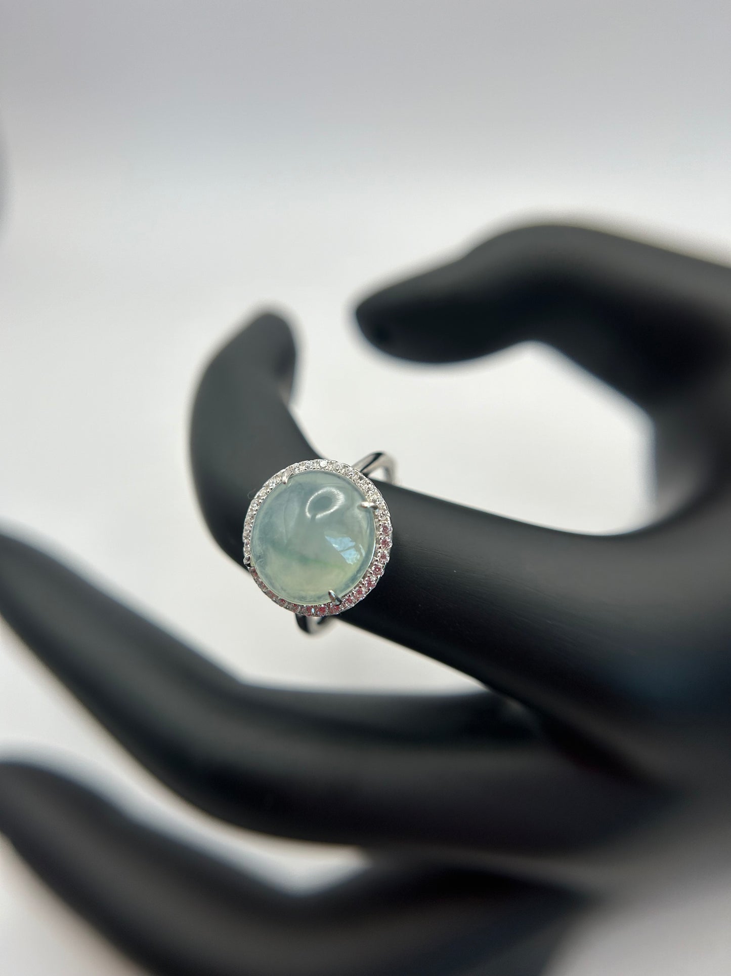 Natural grade A Burmese Icy Green Jadeite cabochon with Cubic Zirconia Silver Ring