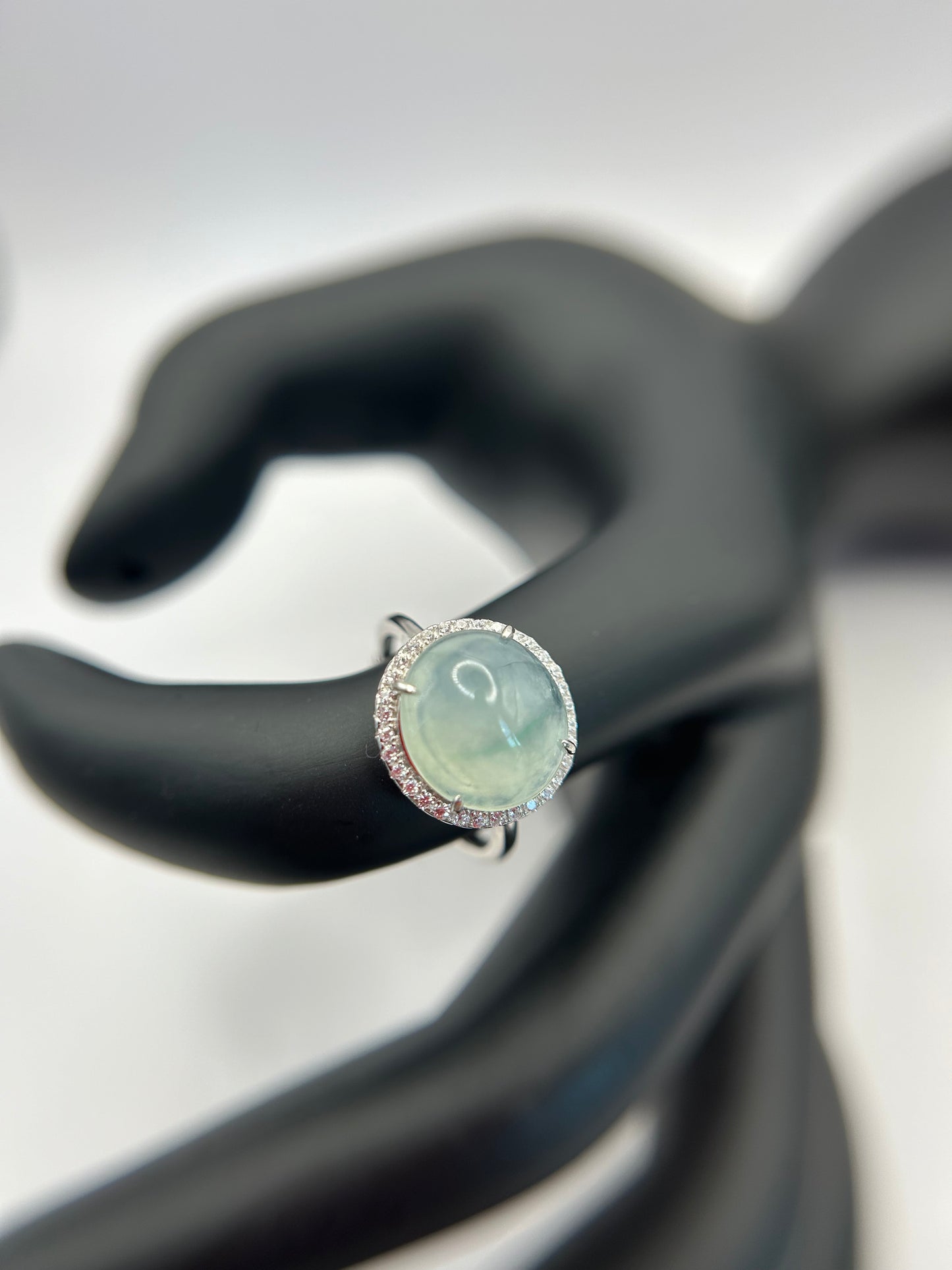 Natural grade A Burmese Icy Green Jadeite cabochon with Cubic Zirconia Silver Ring