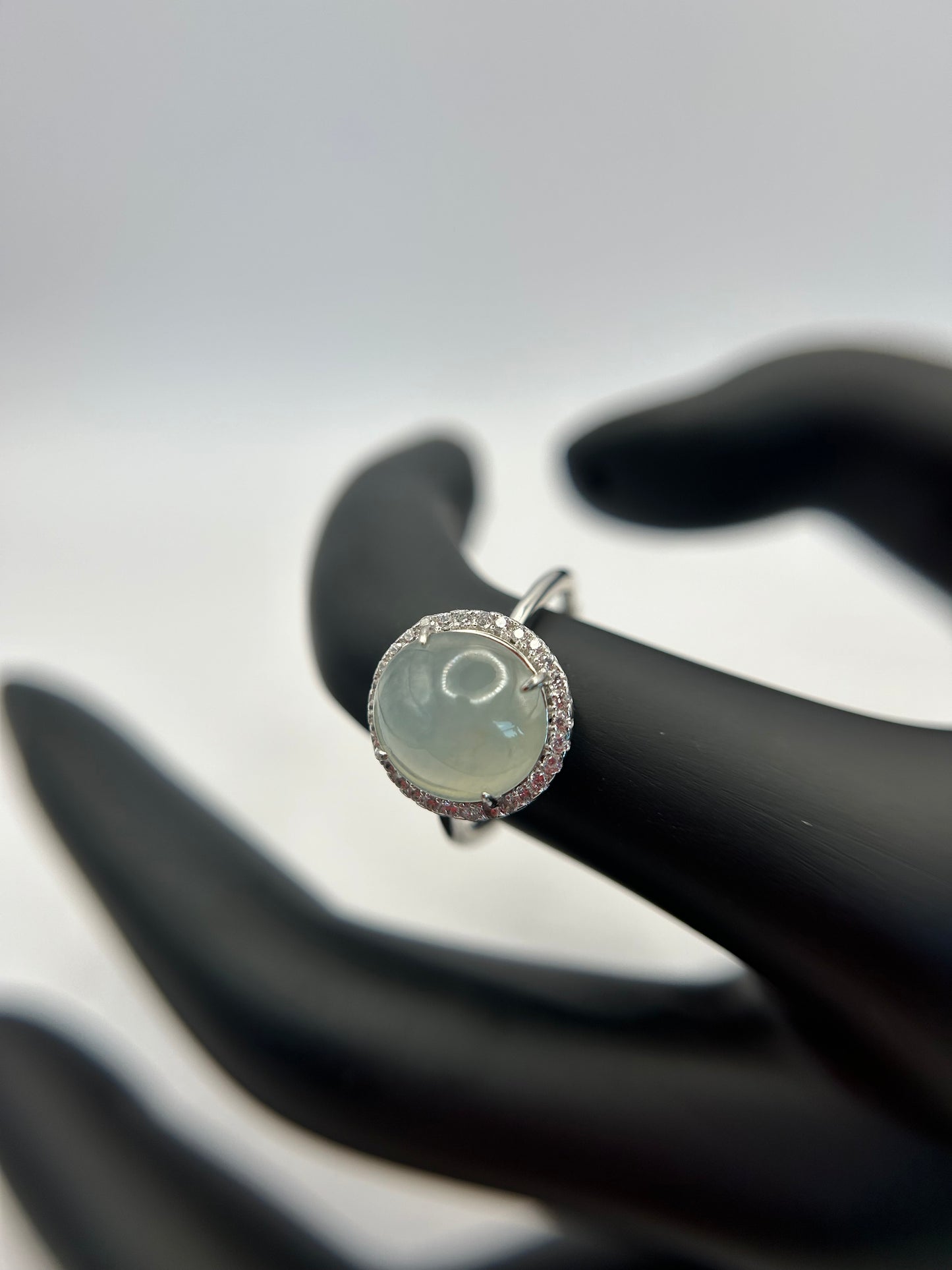 Natural grade A Burmese Icy Green Jadeite cabochon with Cubic Zirconia Silver Ring