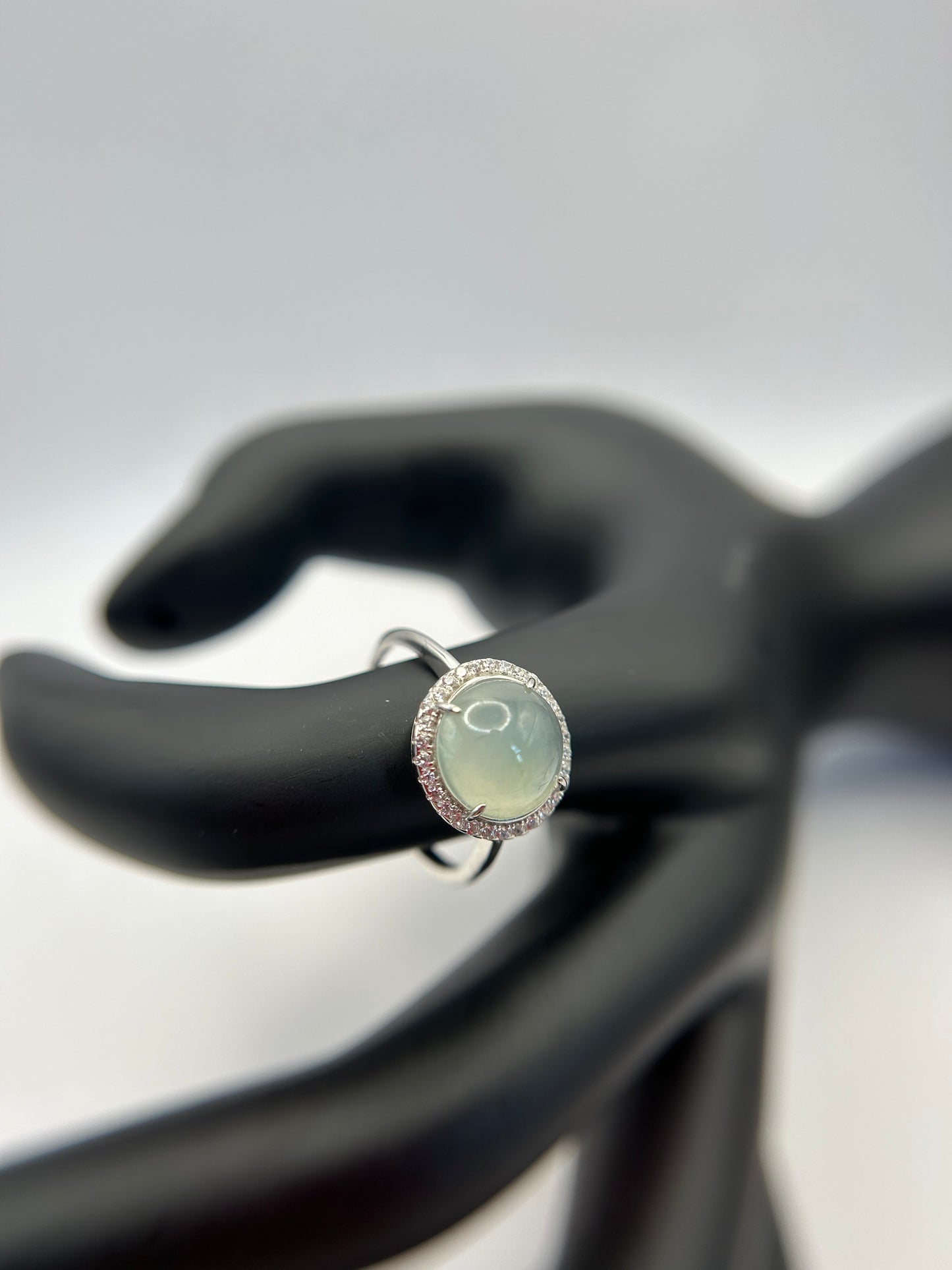 Natural grade A Burmese Icy Green Jadeite cabochon with Cubic Zirconia Silver Ring