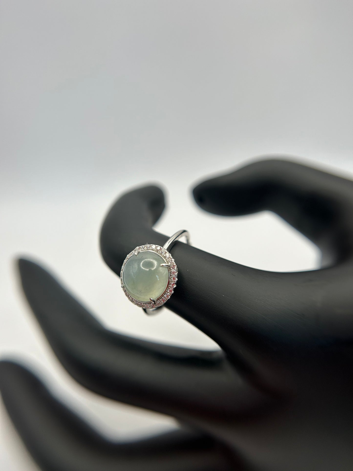 Natural grade A Burmese Icy Green Jadeite cabochon with Cubic Zirconia Silver Ring