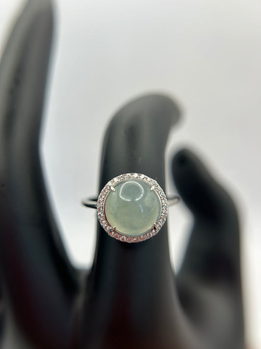 Natural grade A Burmese Icy Green Jadeite cabochon with Cubic Zirconia Silver Ring