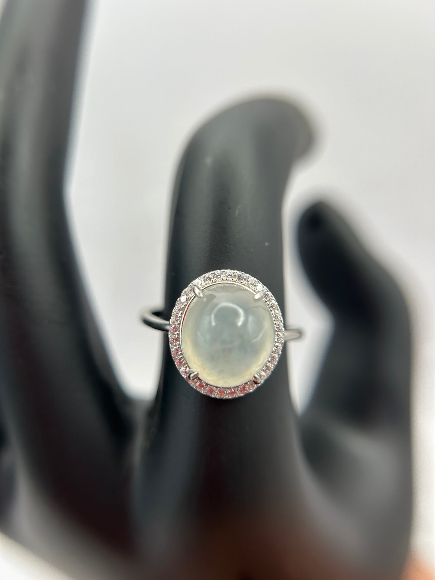 Natural grade A Burmese Icy Green Jadeite cabochon with Cubic Zirconia Silver Ring