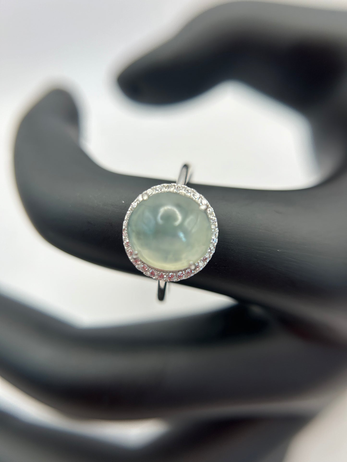 Natural grade A Burmese Icy Green Jadeite cabochon with Cubic Zirconia Silver Ring