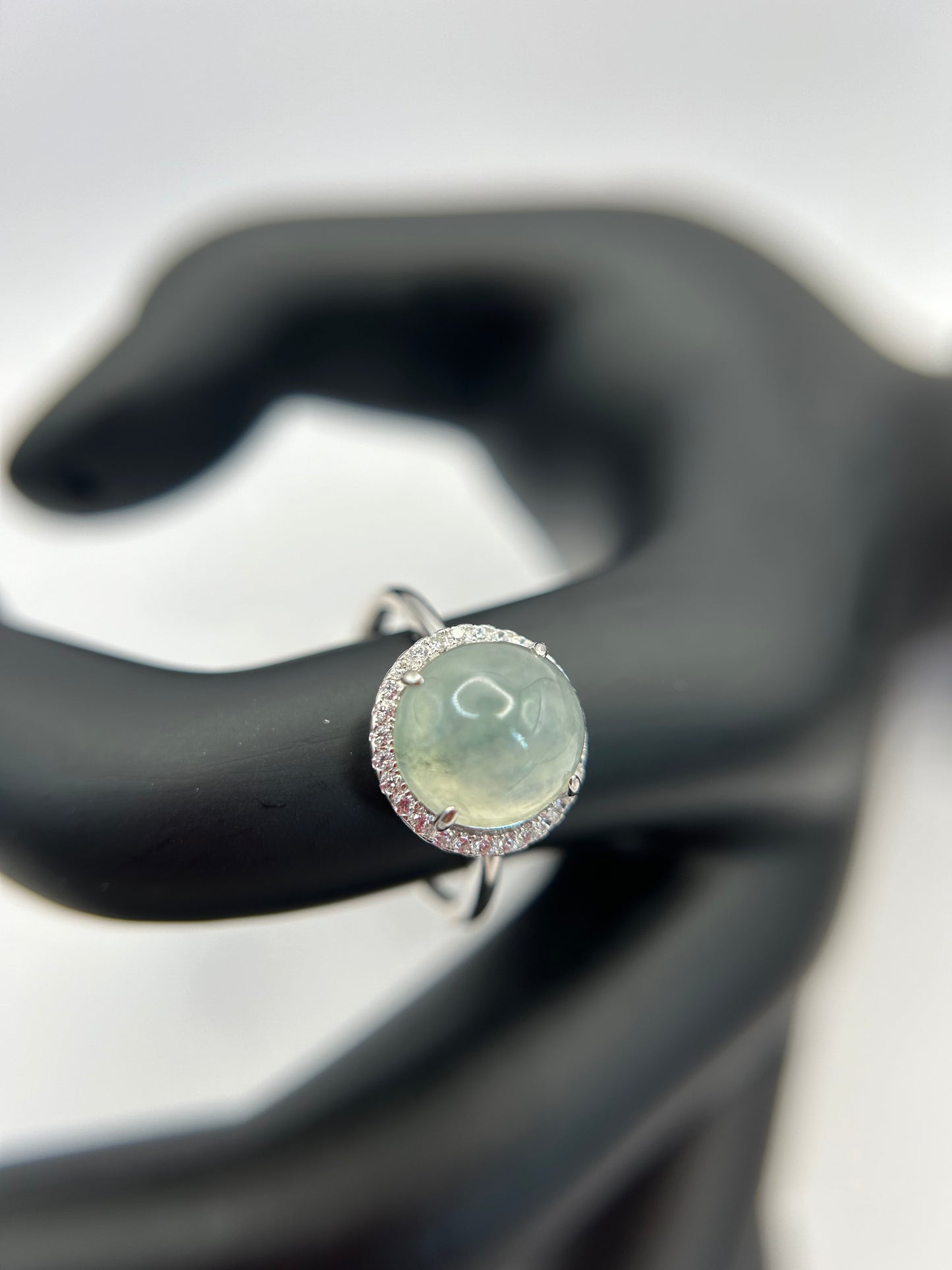 Natural grade A Burmese Icy Green Jadeite cabochon with Cubic Zirconia Silver Ring