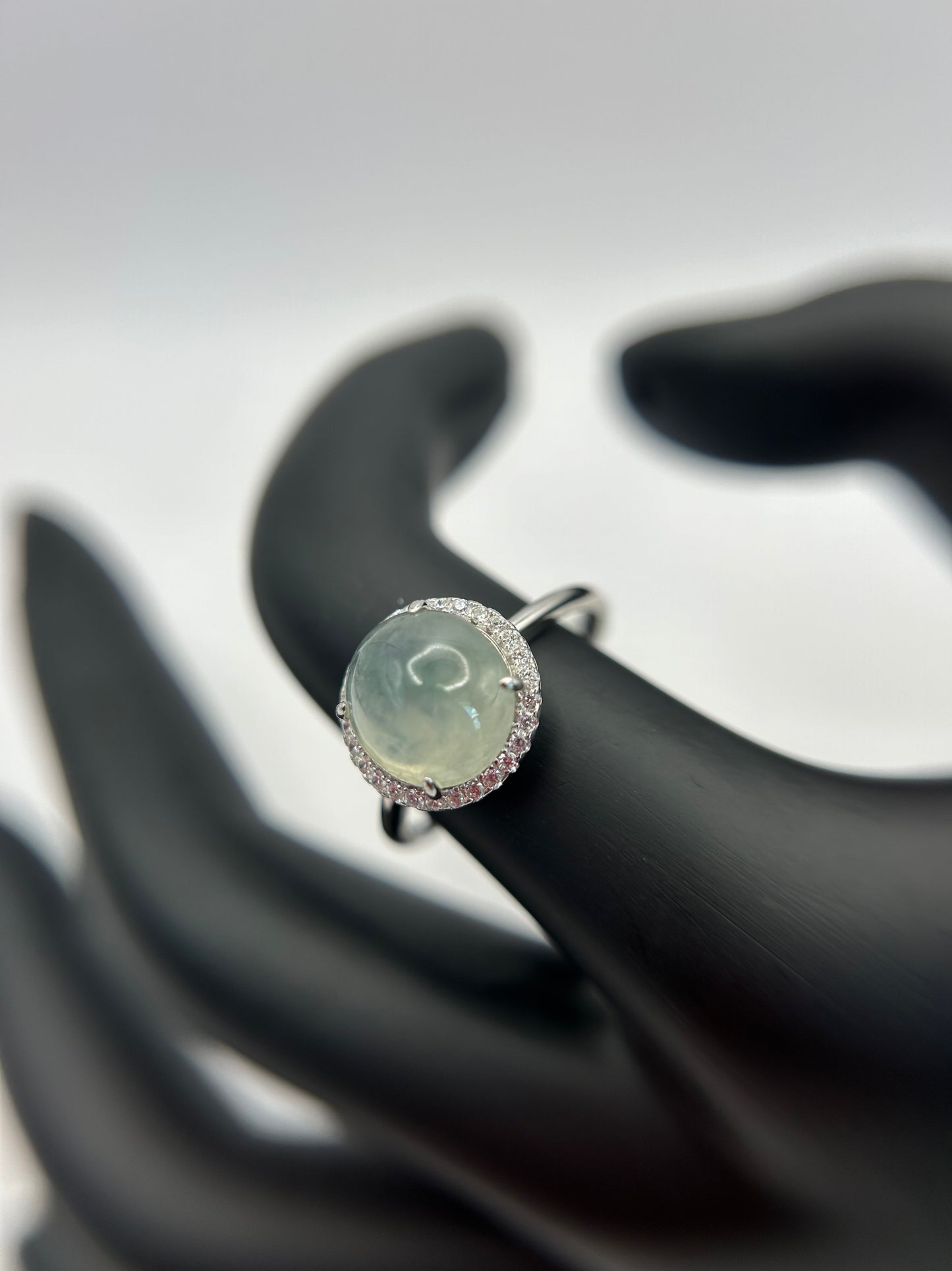 Natural grade A Burmese Icy Green Jadeite cabochon with Cubic Zirconia Silver Ring