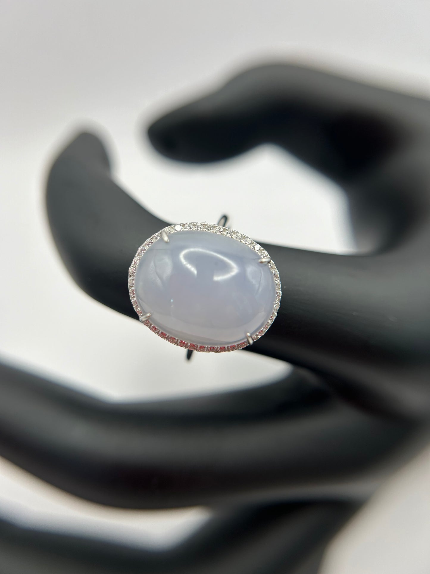 Natural grade A Burmese Iight lavender Jadeite cabochon with Cubic Zirconia Silver Ring