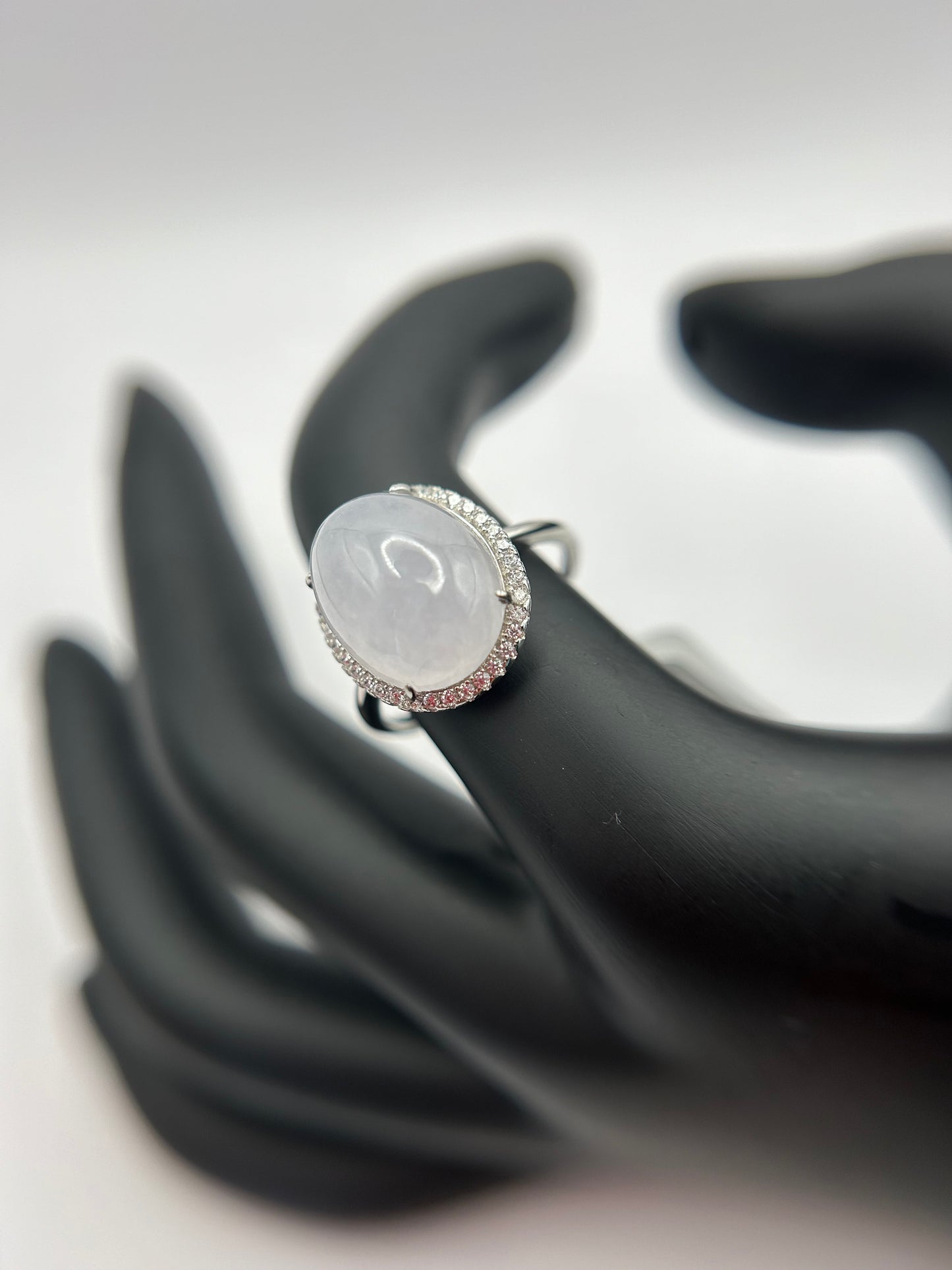 Natural grade A Burma White Jadeite cabochon with Cubic Zirconia Silver Ring