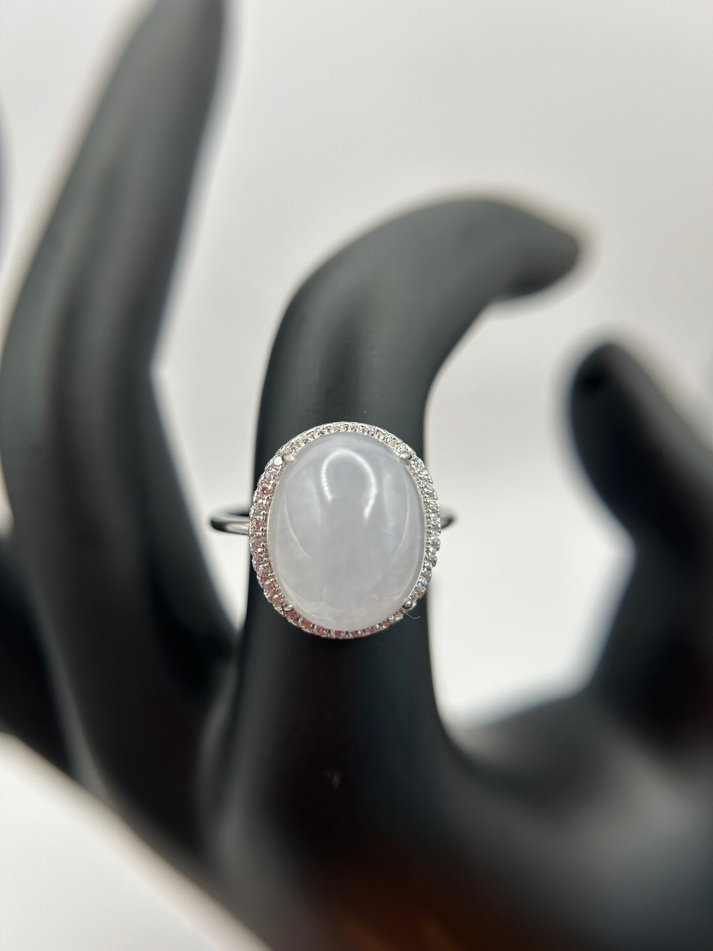 Natural grade A Burma White Jadeite cabochon with Cubic Zirconia Silver Ring