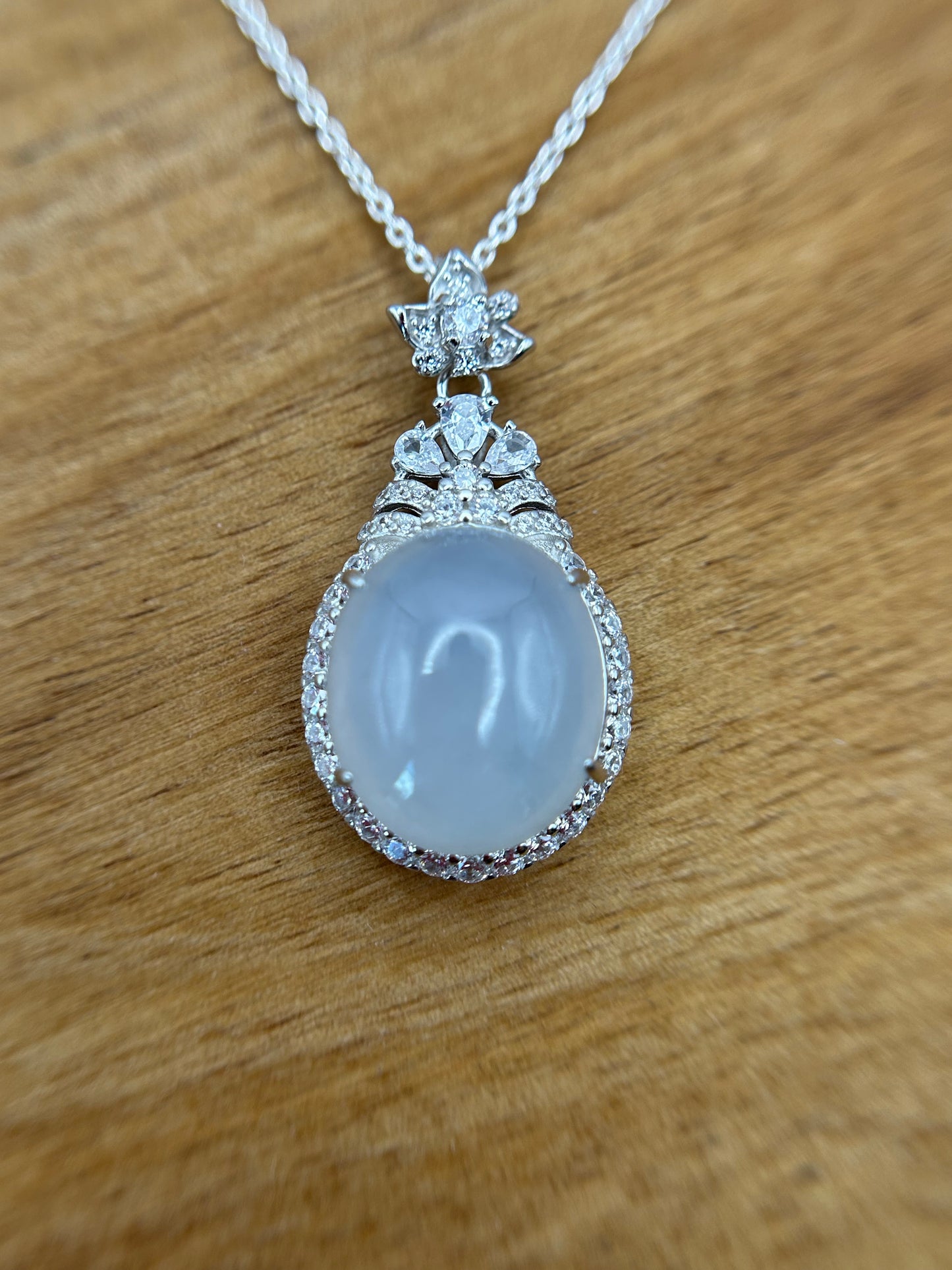 Grade A Natural  White Burma Jadeite Cabochon pendant With Cubic Zirconia Silver necklace