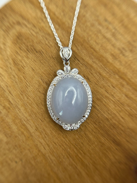 Grade A Natural  White Burma Jadeite Cabochon pendant With Cubic Zirconia Silver necklace