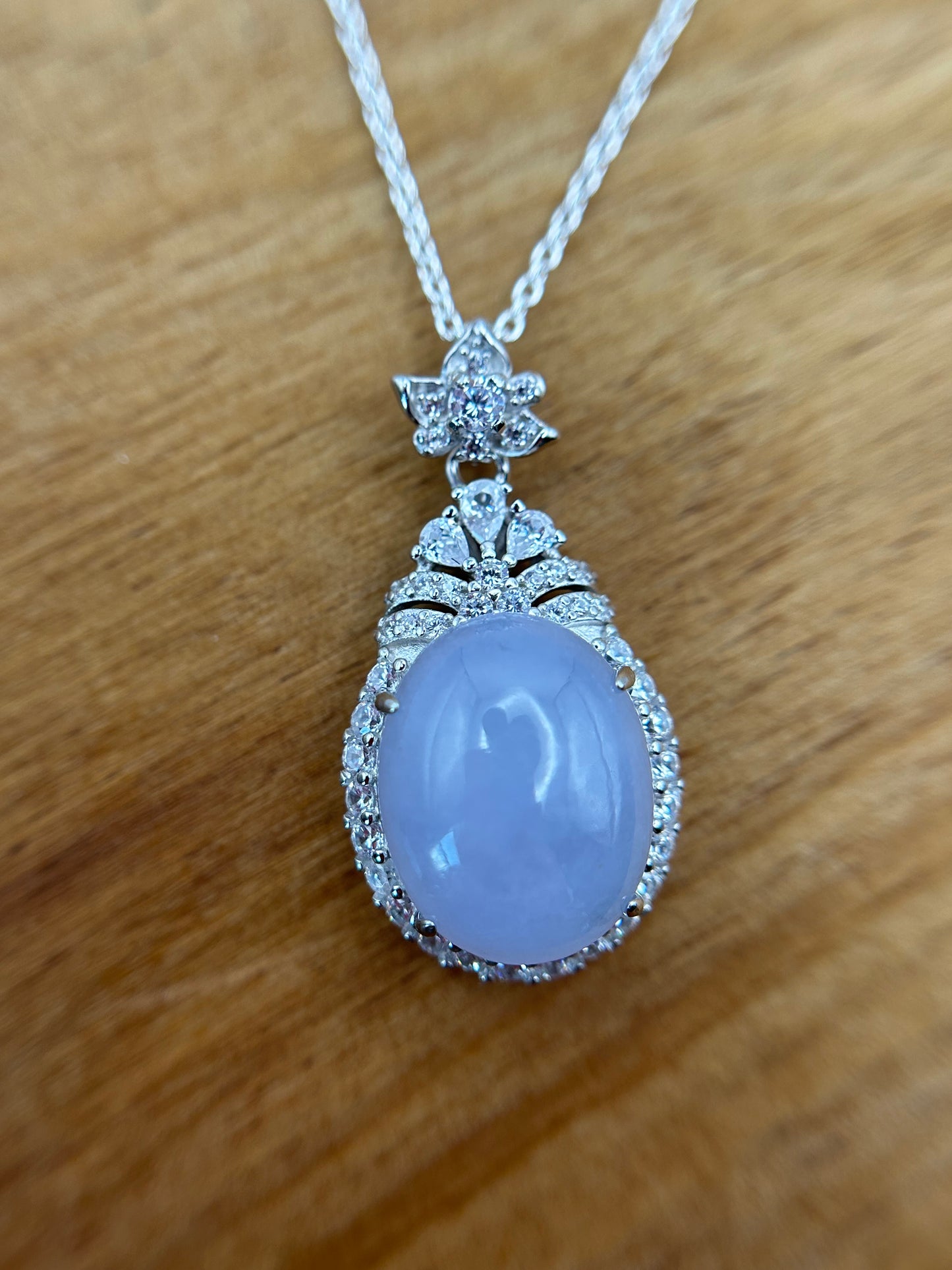 Grade A Natural  lavender Burma Jadeite Cabochon pendant With Cubic Zirconia Silver necklace