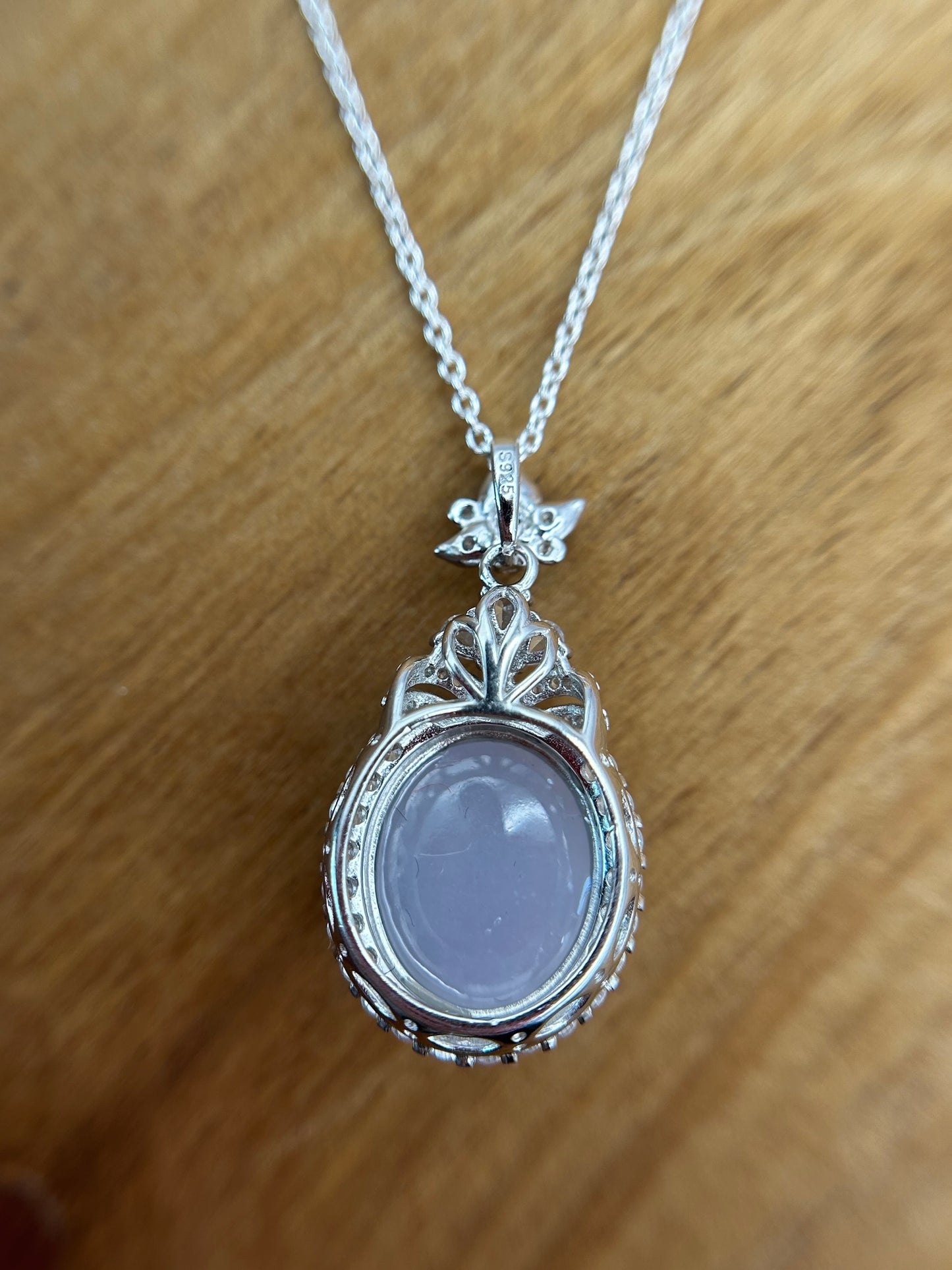 Grade A Natural  lavender Burma Jadeite Cabochon pendant With Cubic Zirconia Silver necklace