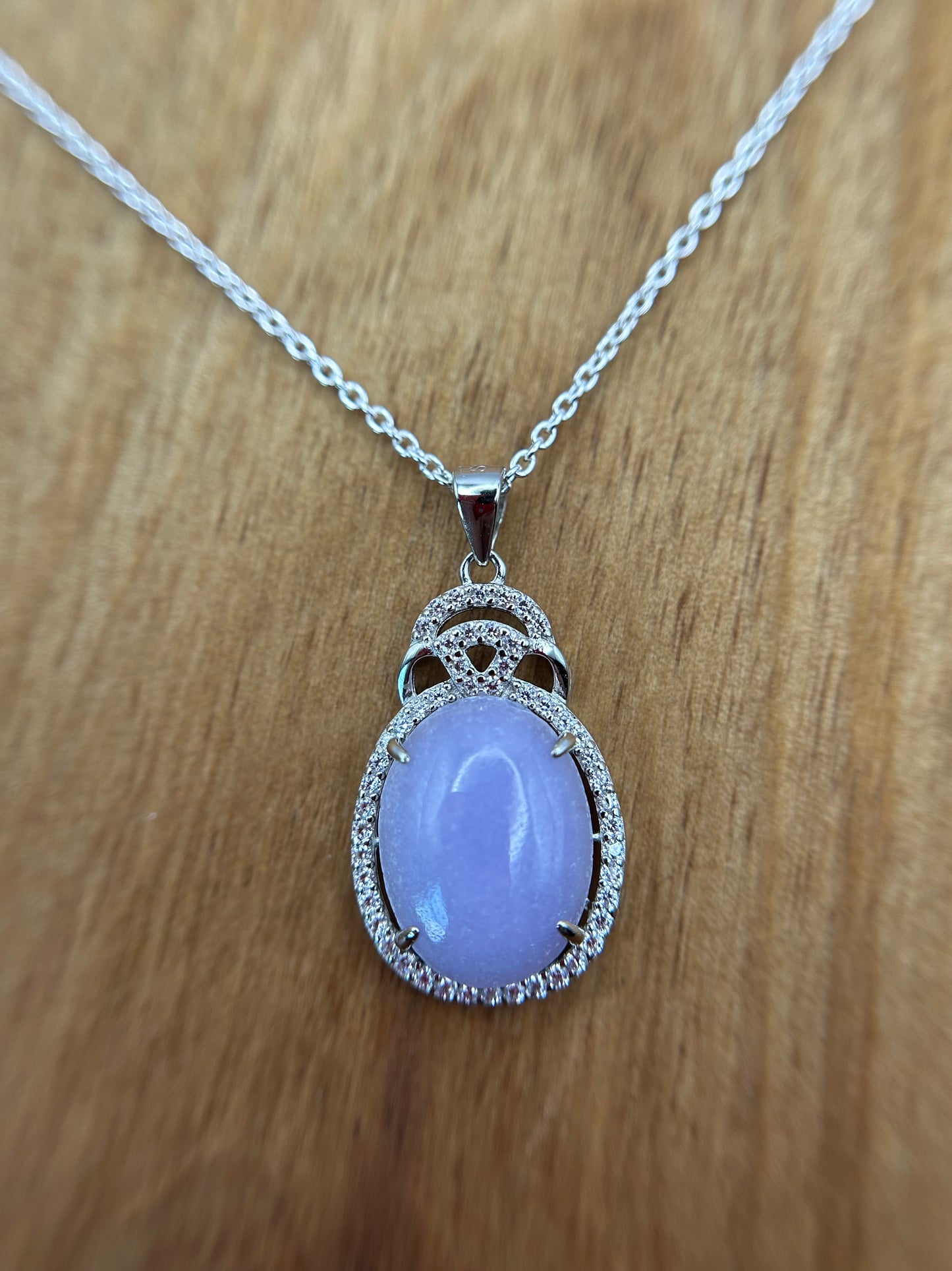 Grade A Natural  Lavender Burma Jadeite Cabochon pendant With Cubic Zirconia Silver necklace