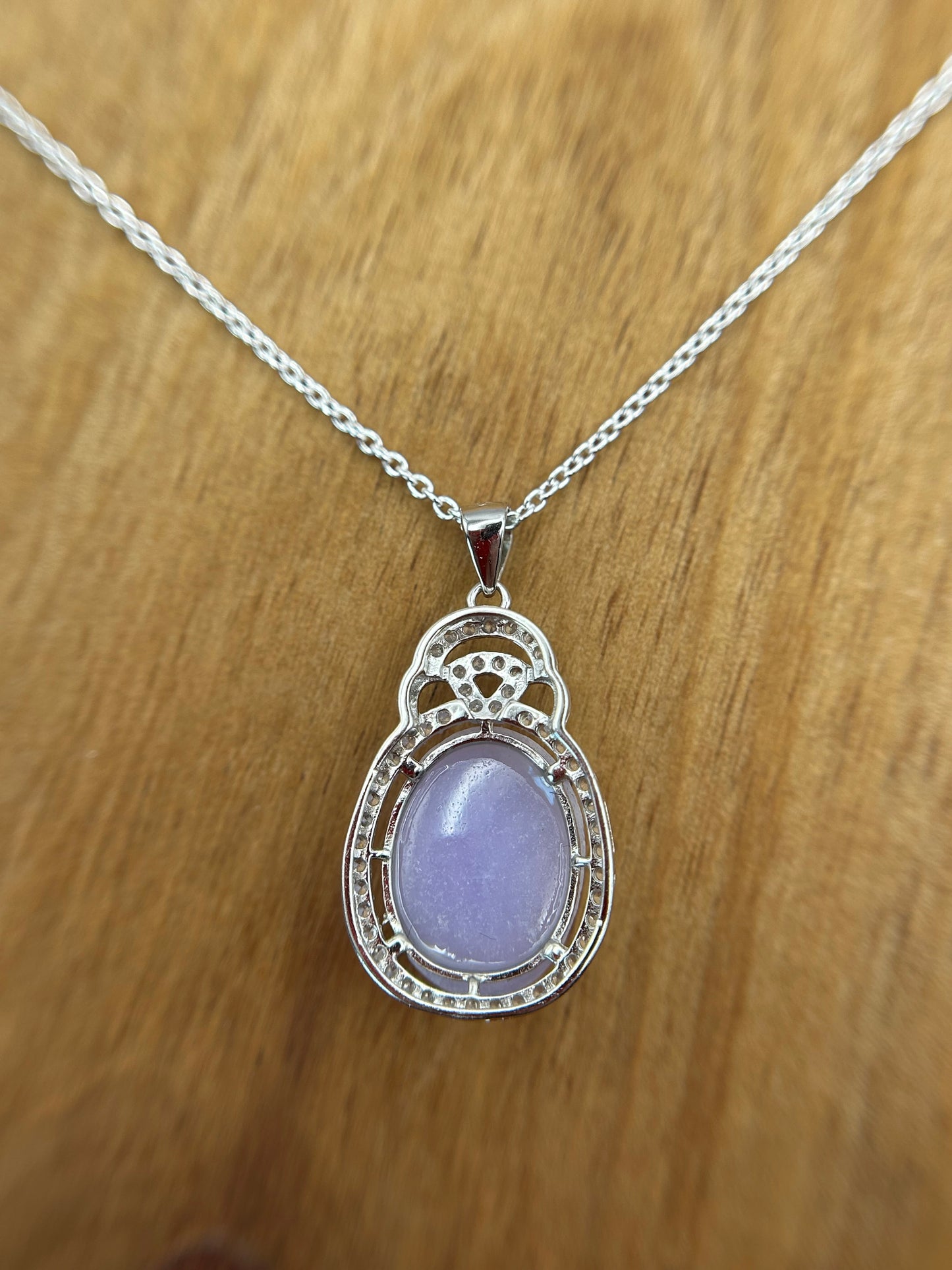 Grade A Natural  Lavender Burma Jadeite Cabochon pendant With Cubic Zirconia Silver necklace