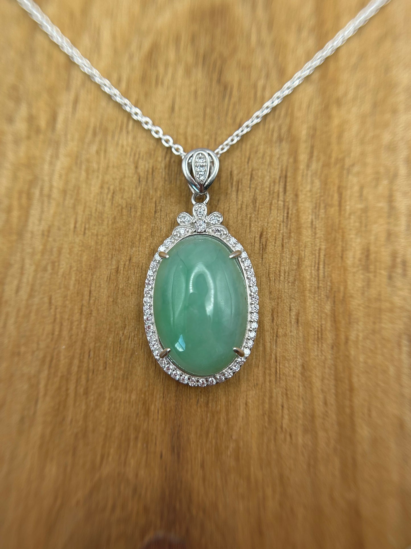 Grade A Natural  Green Burma Jadeite Cabochon pendant With Cubic Zirconia Silver necklace