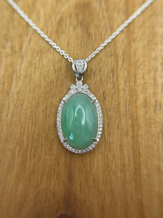 Grade A Natural  Green Burma Jadeite Cabochon pendant With Cubic Zirconia Silver necklace