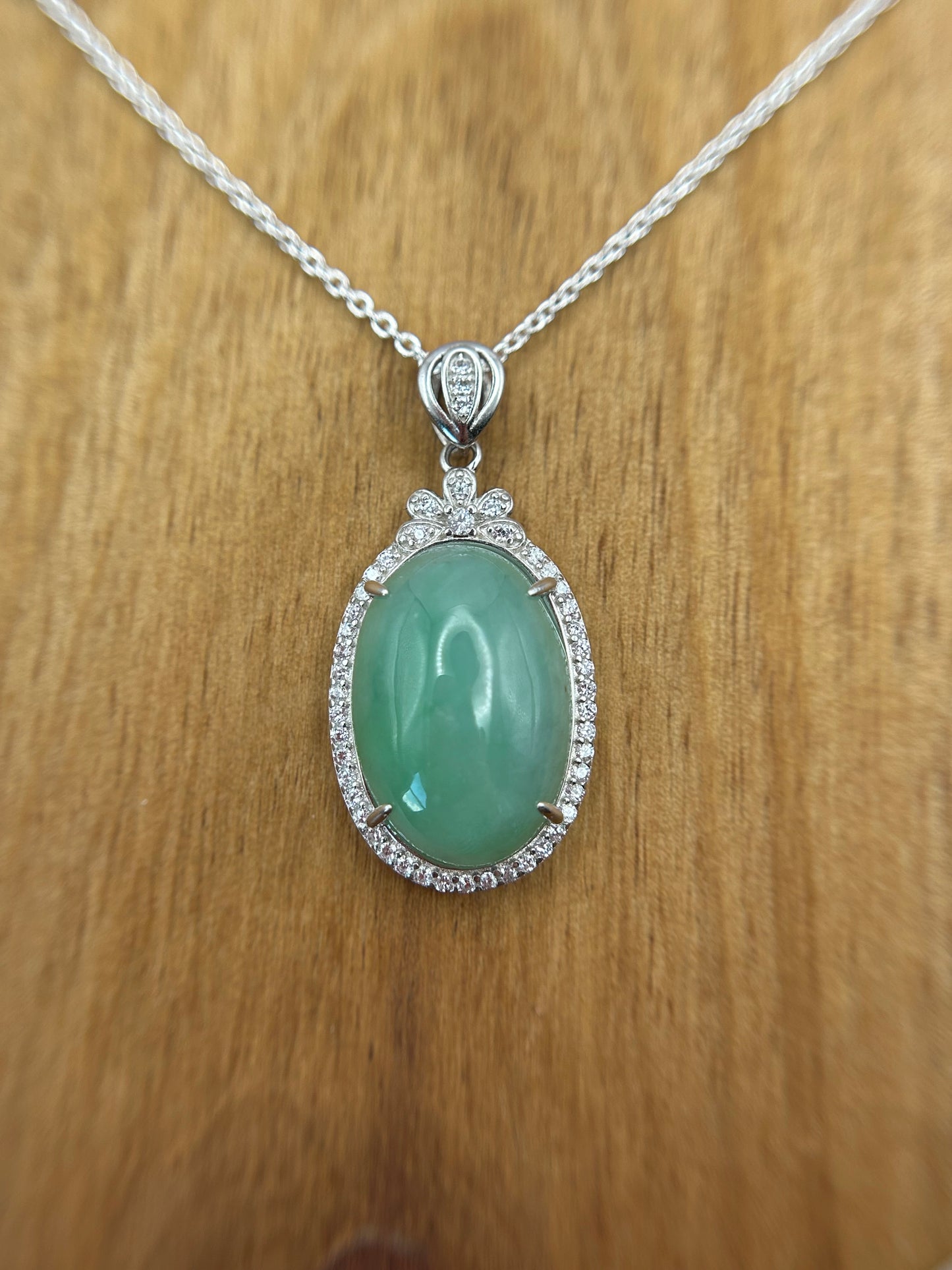 Grade A Natural  Green Burma Jadeite Cabochon pendant With Cubic Zirconia Silver necklace