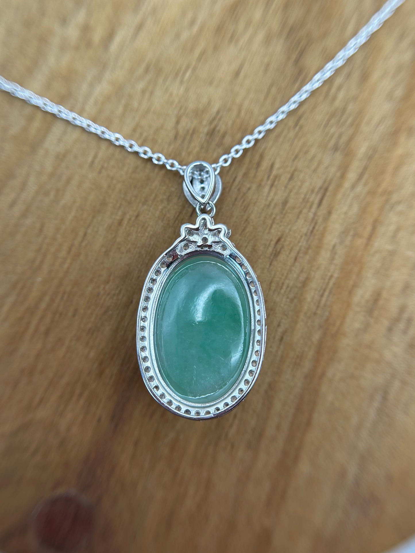 Grade A Natural  Green Burma Jadeite Cabochon pendant With Cubic Zirconia Silver necklace