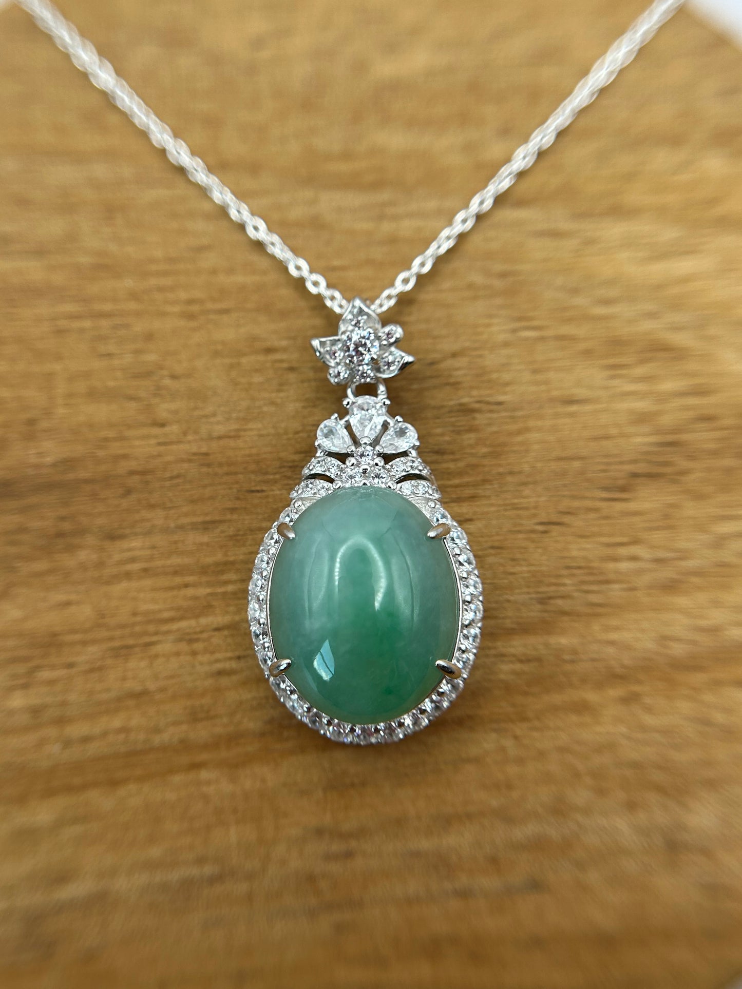 Grade A Natural  Green Burma Jadeite Cabochon pendant With Cubic Zirconia Silver necklace