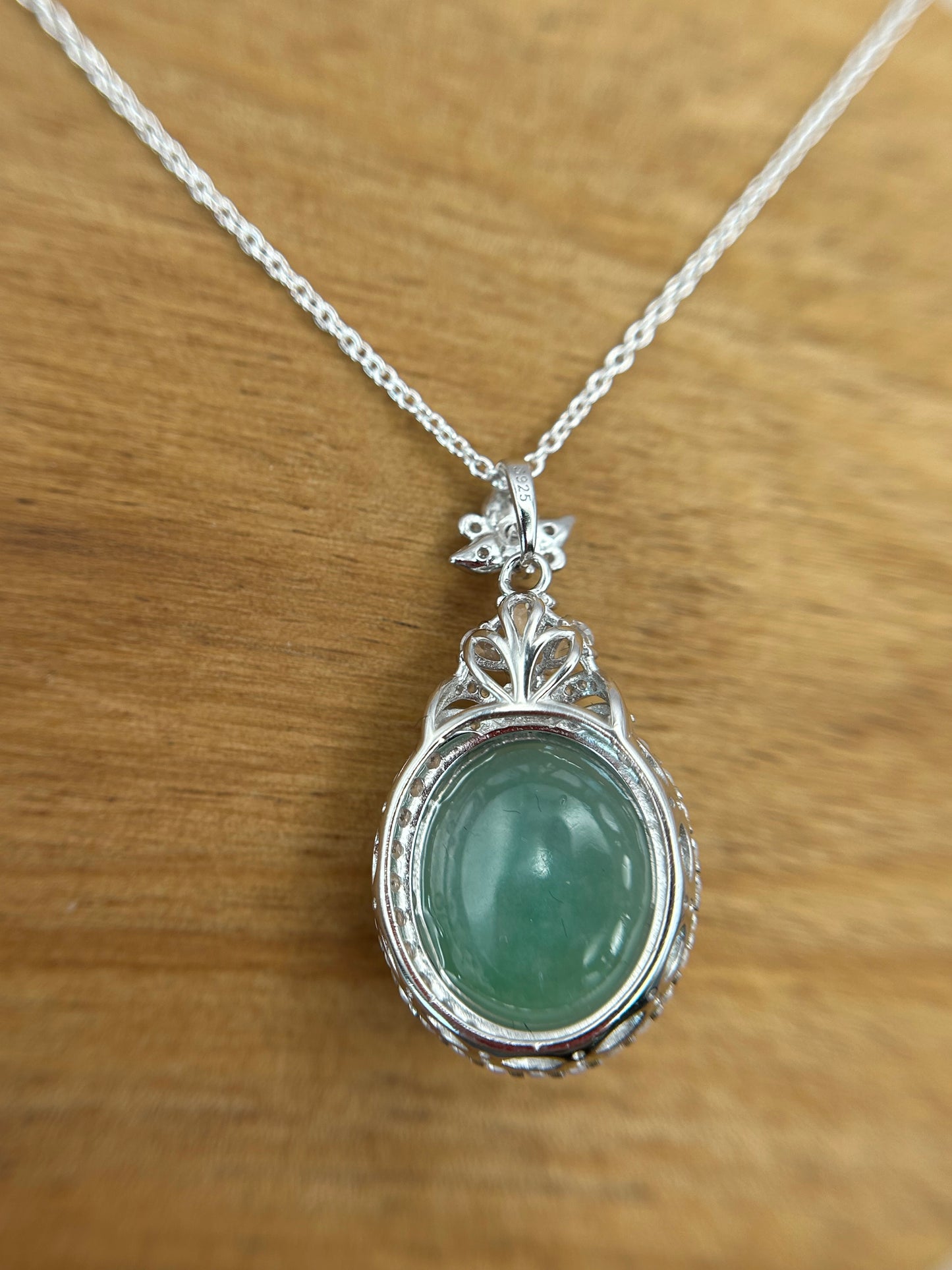 Grade A Natural  Green Burma Jadeite Cabochon pendant With Cubic Zirconia Silver necklace