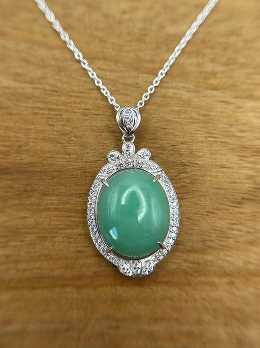 Grade A Natural  Green Burma Jadeite Cabochon pendant With Cubic Zirconia Silver necklace