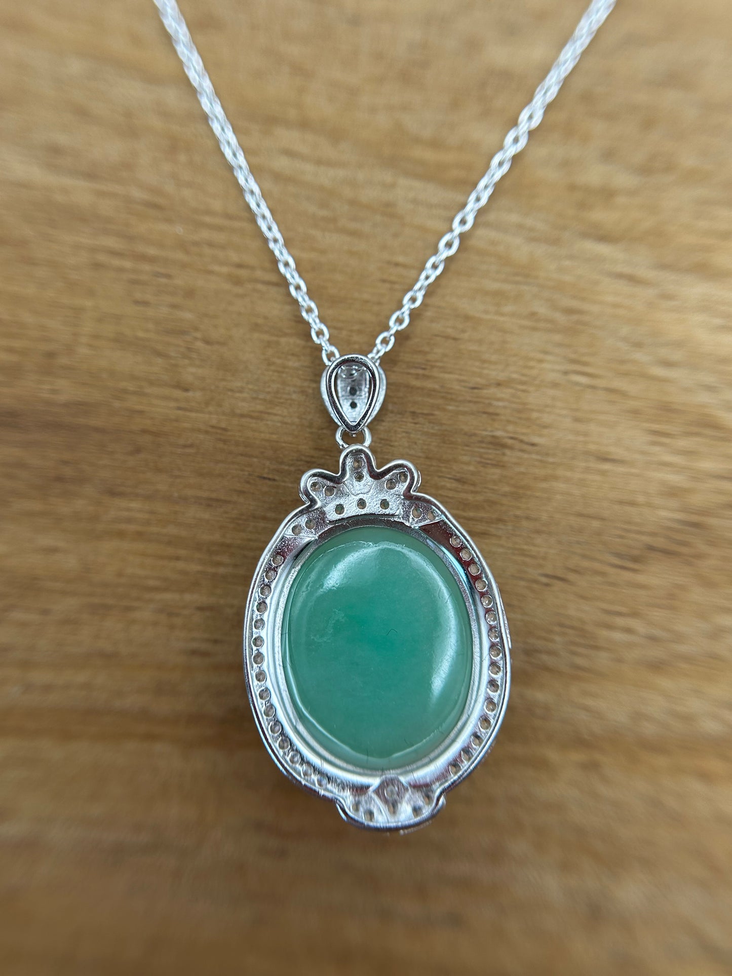 Grade A Natural  Green Burma Jadeite Cabochon pendant With Cubic Zirconia Silver necklace