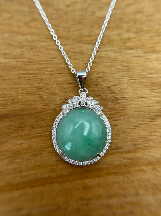 Grade A Natural  Green Burma Jadeite Cabochon pendant With Cubic Zirconia Silver necklace