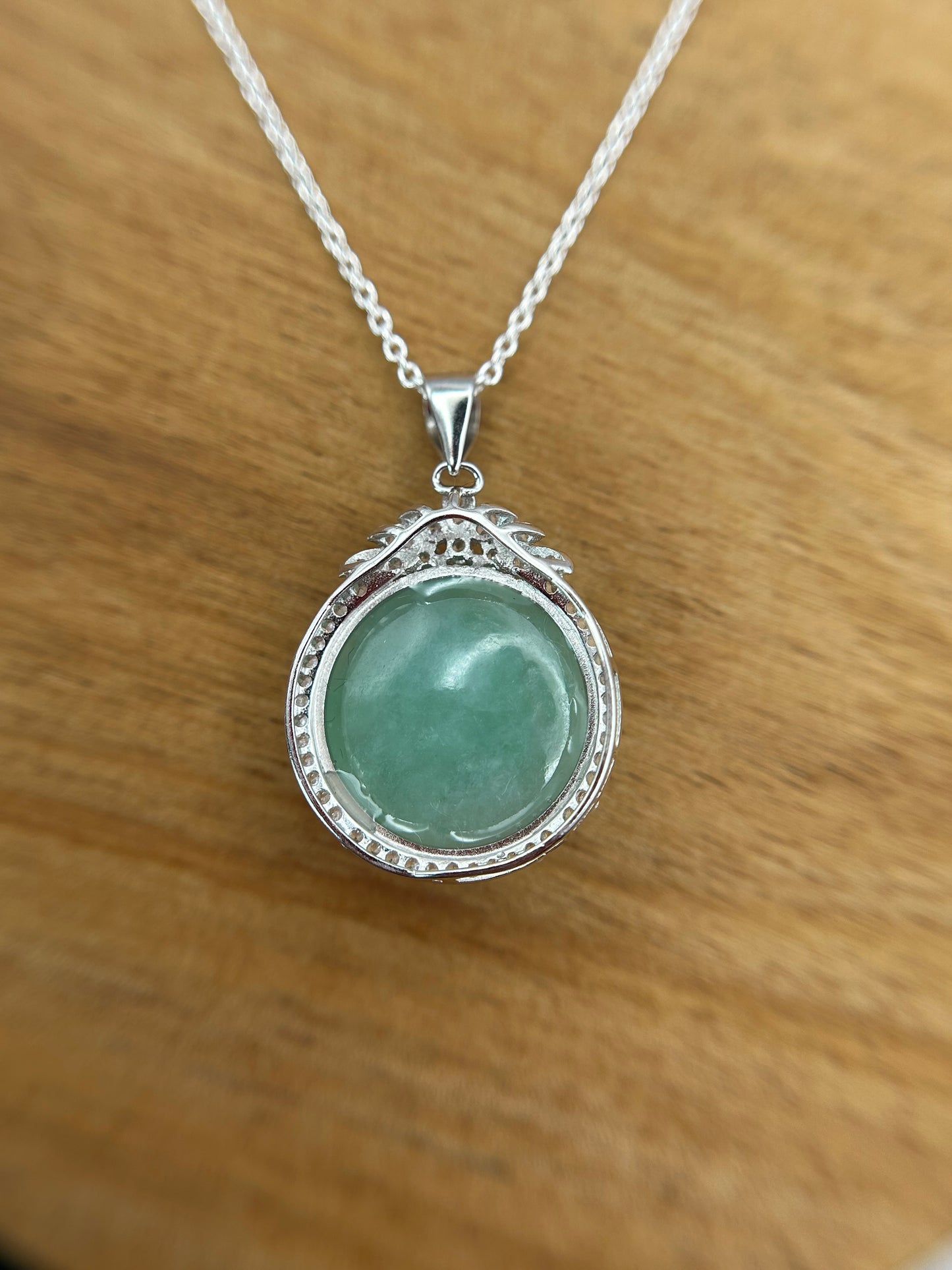 Grade A Natural  Green Burma Jadeite Cabochon pendant With Cubic Zirconia Silver necklace