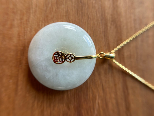 Grade A Natural green Jadeite Pi Disc ( peng on kou, donut) pendant with Gold over sterling silver  coin bail necklace