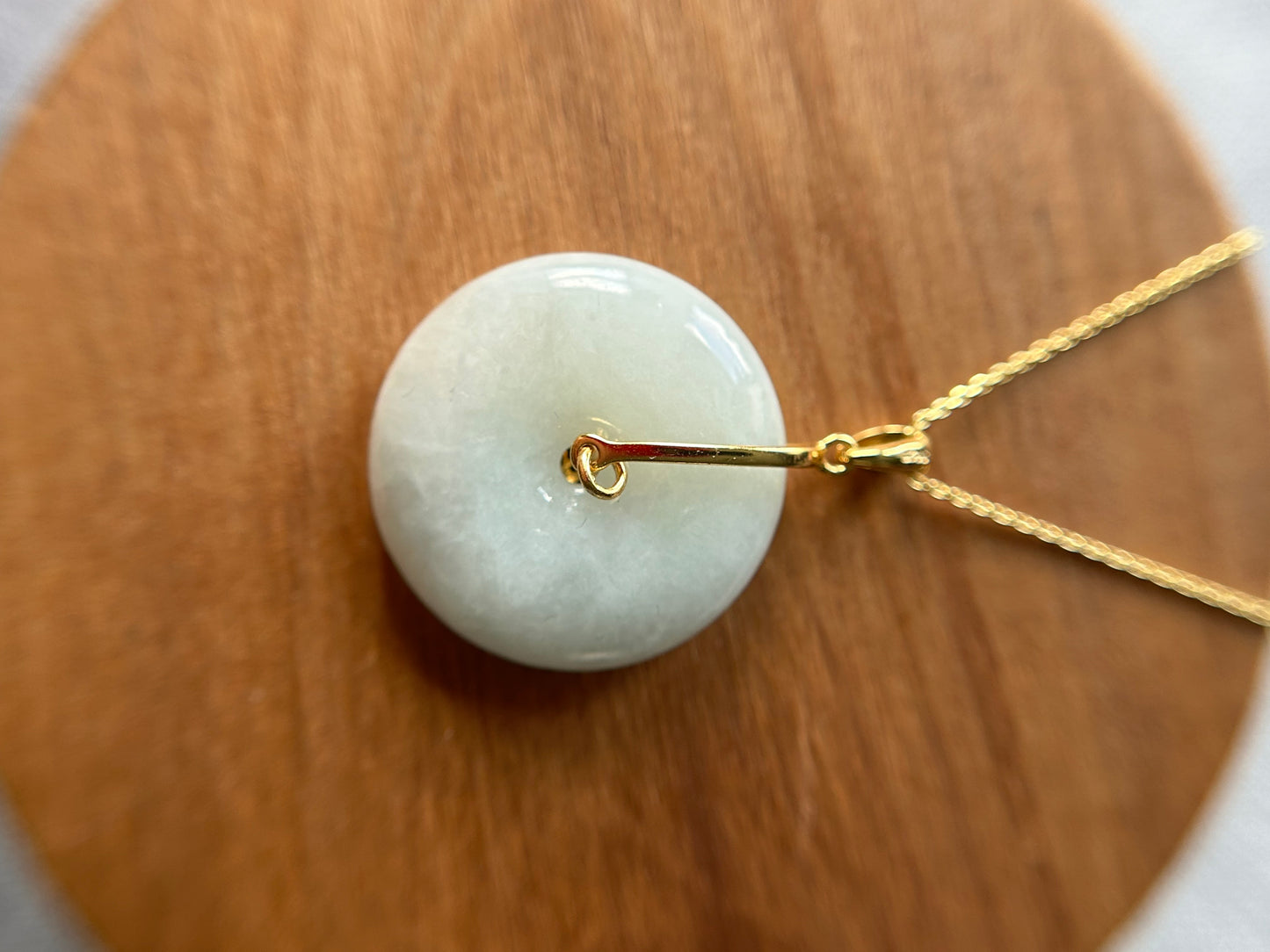 Grade A Natural green Jadeite Pi Disc ( peng on kou, donut) pendant with Gold over sterling silver  coin bail necklace